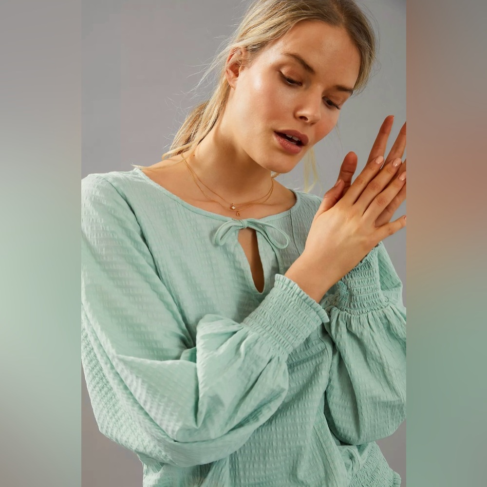 ANTHROPOLOGIE S M Rebecca Smocked Top in Mint • Oversized Peasant Blouse - Picture 11 of 13